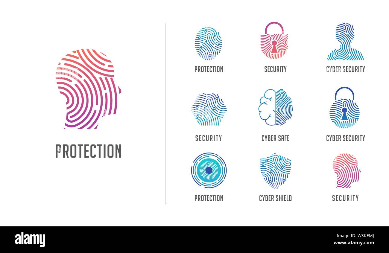 Logo des empreintes digitales, de la protection des renseignements personnels, la cybersécurité, les renseignements sur l'identité et la protection du réseau. Personne tête, cerveau, cloud et icônes de verrouillage. Icône vecteur col Illustration de Vecteur
