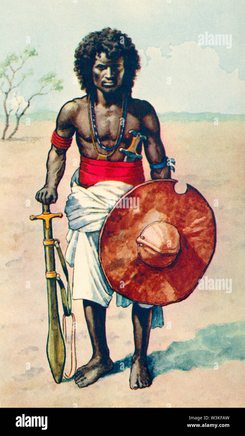 Un membre de la tribu ou Hadendoa Hadendowa. Ces personnes ont eu l'Beja le nom Fuzzy-Wuzzy, parmi les troupes britanniques pendant la guerre mahdistes, en raison de leurs cheveux finitions raffinées. À partir d'une impression contemporaine, c.1935. Banque D'Images