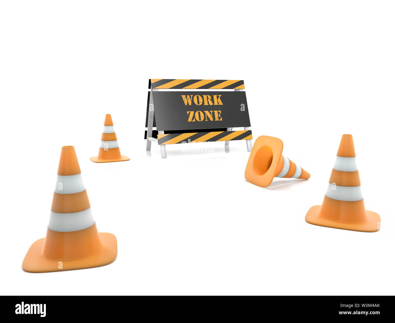Barrière rayé jaune et noir avec texte en zone de travaux routiers et de cônes Banque D'Images