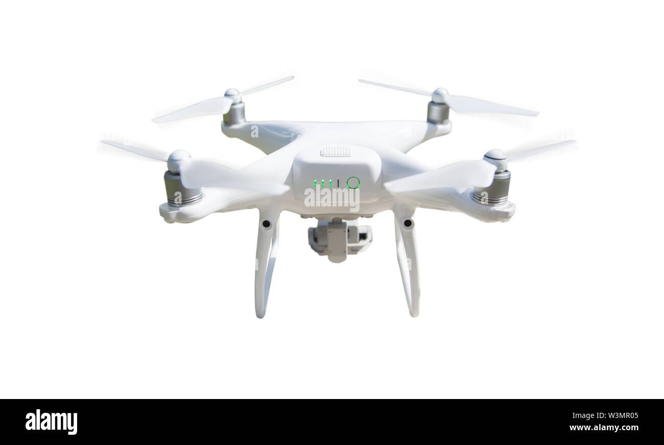 Système d'avions sans pilote (UAV) Drone Quadcopter isolé sur blanc. Banque D'Images