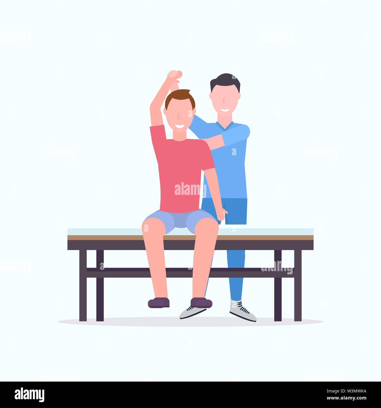 Jeune homme assis sur la table faisant thérapeute masseur massage traitement de guérison du corps du patient thérapie manuelle physiothérapie concept Illustration de Vecteur