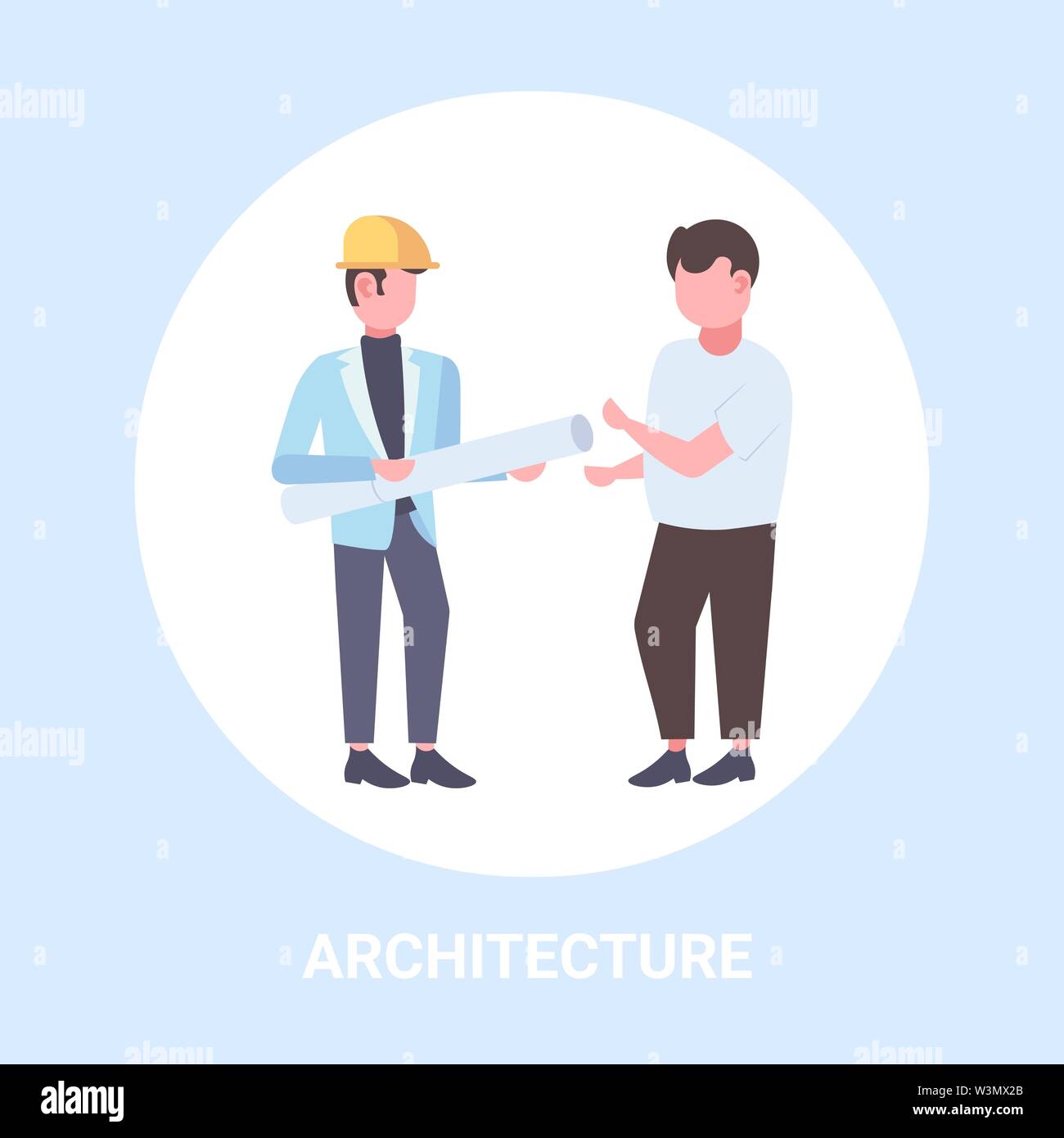 Deux architectes avec rolled up blueprints discuter de nouveau projet au cours de réunion de l'industrie de la construction de l'équipe d'ingénieurs entrepreneurs avec concept Illustration de Vecteur