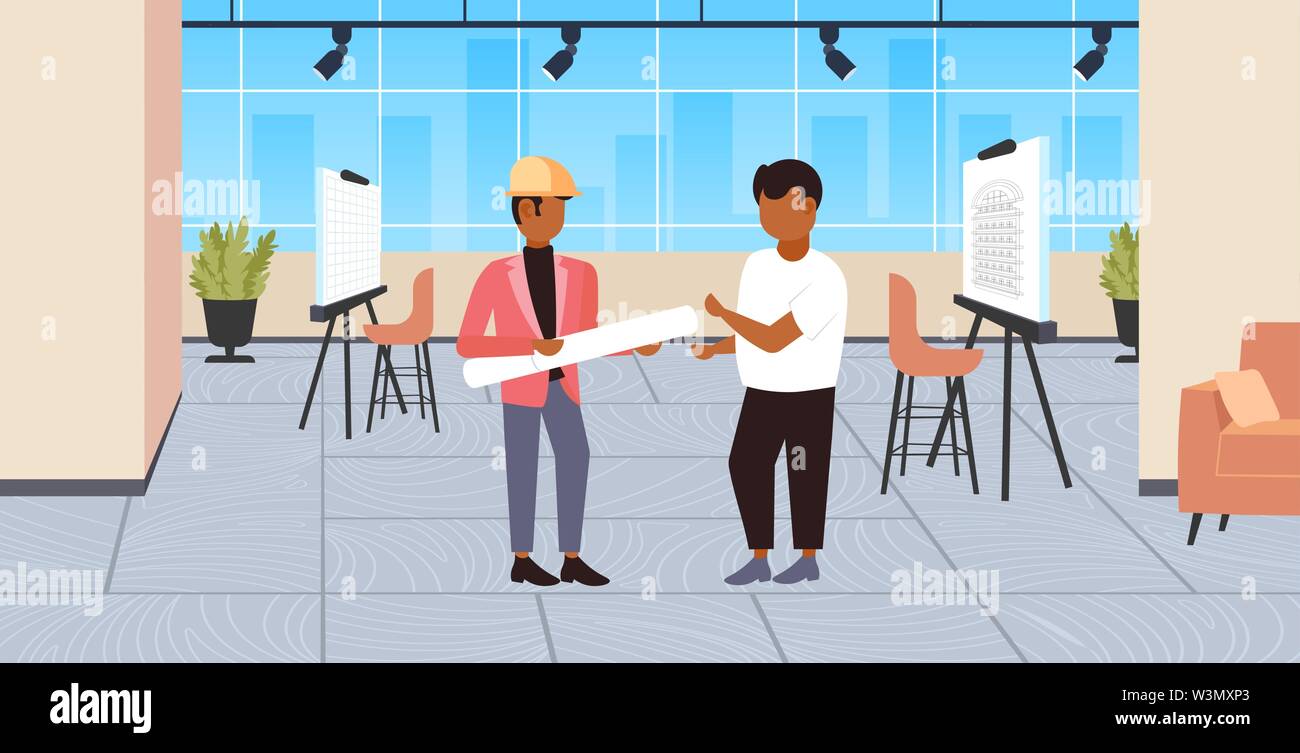 Deux architectes avec rolled up blueprints discuter de nouveau projet de l'équipe d'ingénieurs de l'industrie de la construction dessinateur moderne concept studio intérieur full Illustration de Vecteur