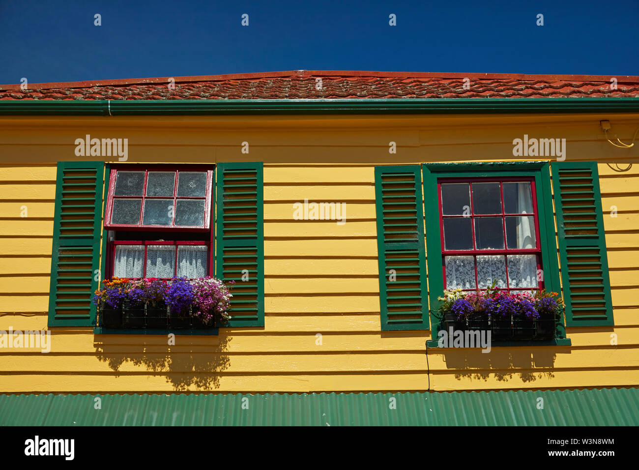 Fleurs et fenêtre, Feu et Glace La Boutique, Akaroa, la péninsule de Banks, Canterbury, île du Sud, Nouvelle-Zélande Banque D'Images