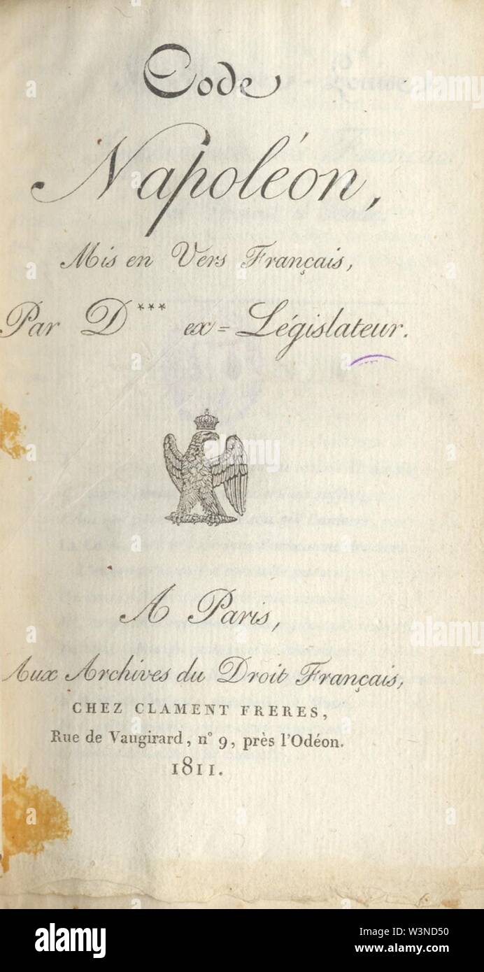 Code Napoléon, mis en vers français. Banque D'Images