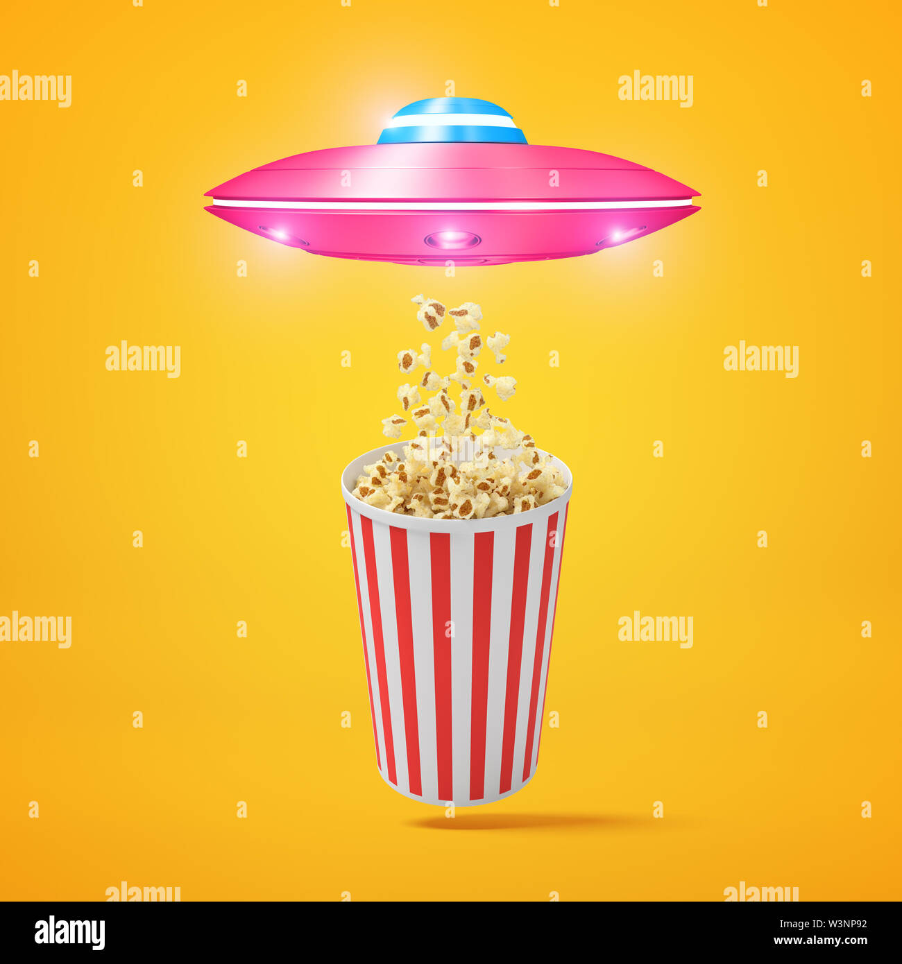 Le rendu 3d de petites rayures rose OVNI volant au-dessus des seau de maîs éclaté et le dessin du popcorn vers son écoutille sur fond orange. Banque D'Images