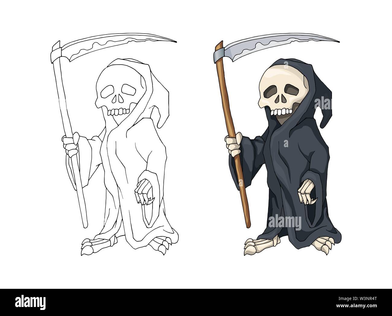 Squelette humain en robe noire debout avec une faux et personnage Illustration de Vecteur