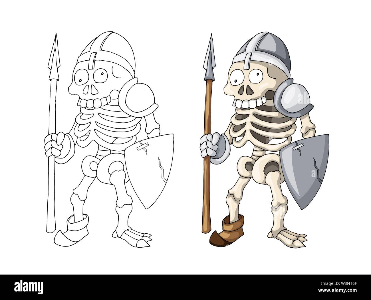 Squelette humain guerrier debout avec lance et le bouclier personnage Illustration de Vecteur