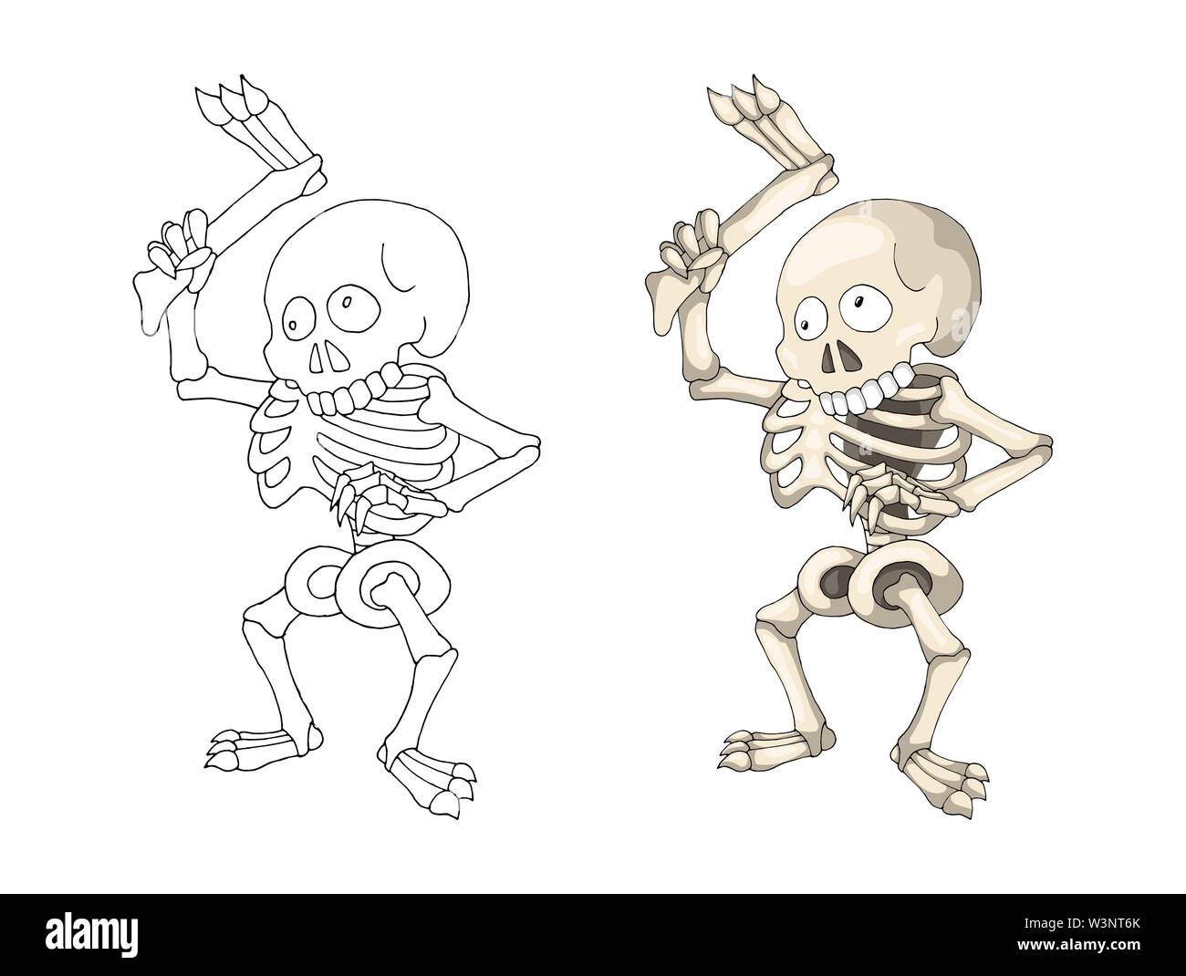 Squelette humain debout avec la jambe, personnage de la page livre de coloriage Illustration de Vecteur
