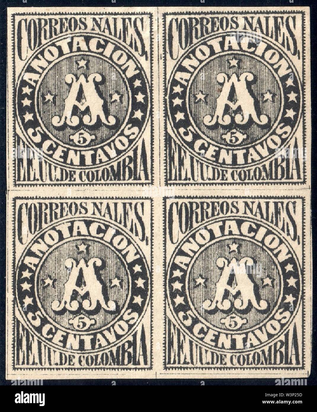Colombie 1870 ScF3 bloc de quatre. Banque D'Images