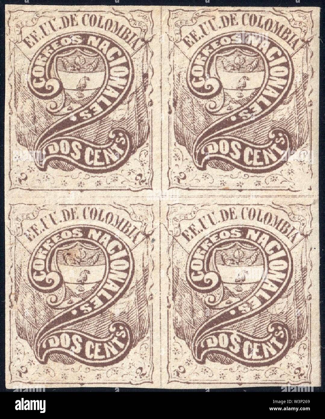Colombie 1871 2c Sc68 bloc de quatre avec la plaque d'erreur. Banque D'Images