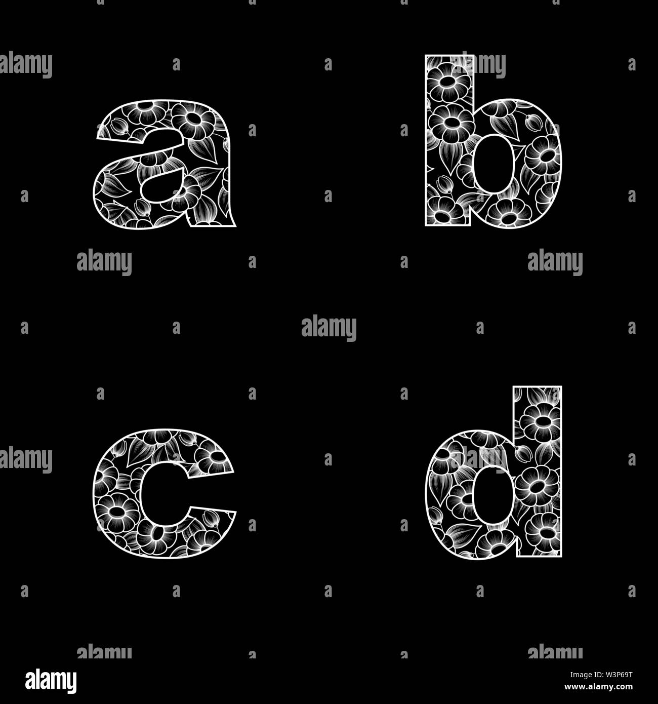 Lettres alphabet floral Contour blanc isolé sur fond noir Illustration de Vecteur