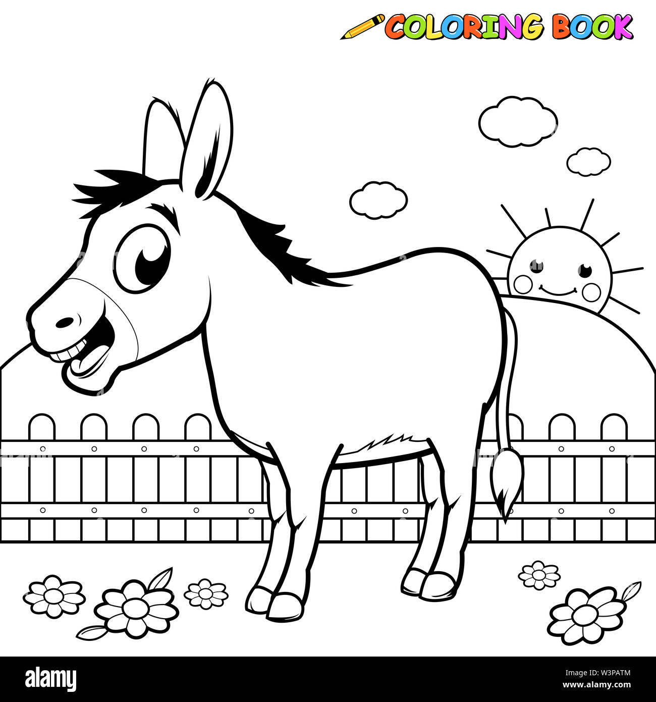 Âne de dessin animé à la ferme à côté d'une clôture. Heureux personnage d'âne de dessin animé au ranch. Coloriage noir et blanc Banque D'Images