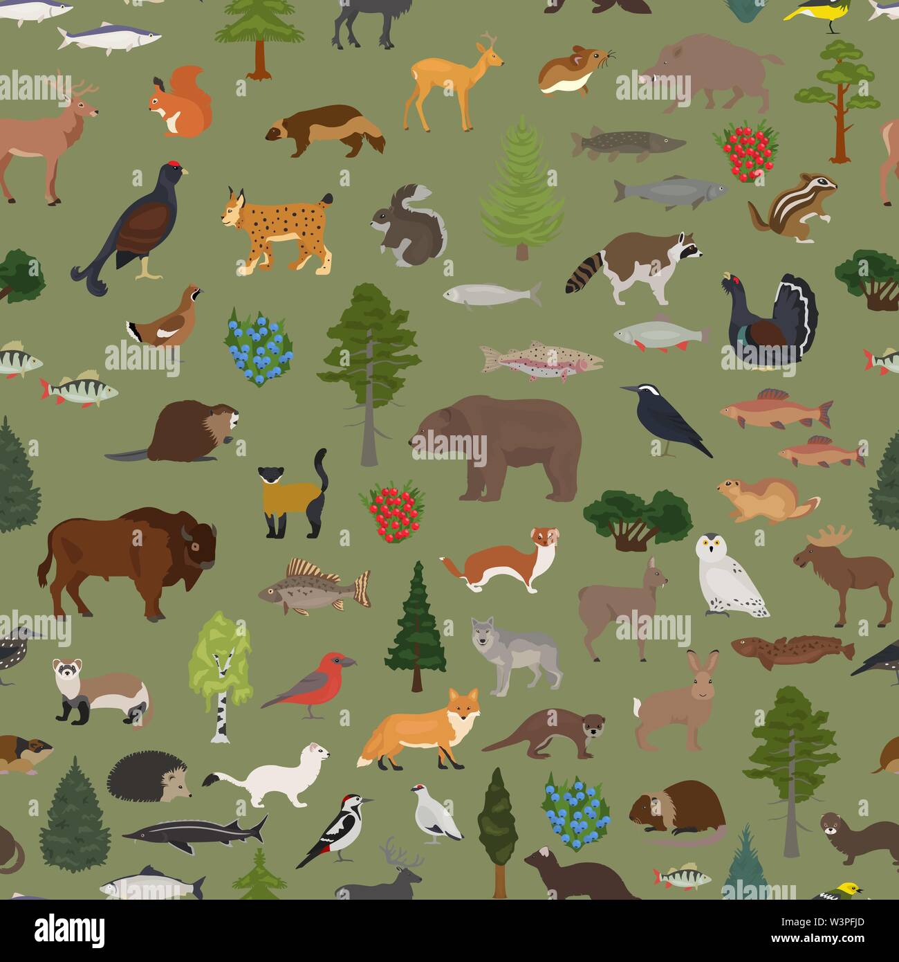 Biome taïga, forêt boréale Forêt neige modèle homogène. Carte du monde de l'écosystème terrestre. Les animaux, les oiseaux, les poissons et les plantes. Vector illustration Illustration de Vecteur