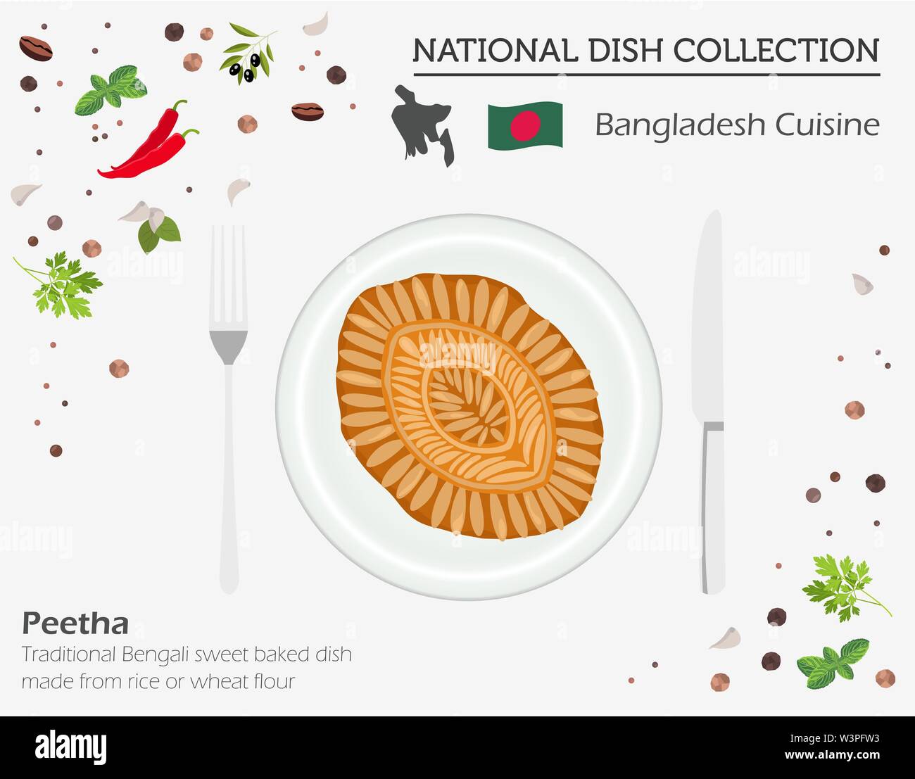 La Cuisine du Bangladesh. Collection asiatique plat national. Pitha isolé sur blanc, infograpic. Vector illustration Illustration de Vecteur