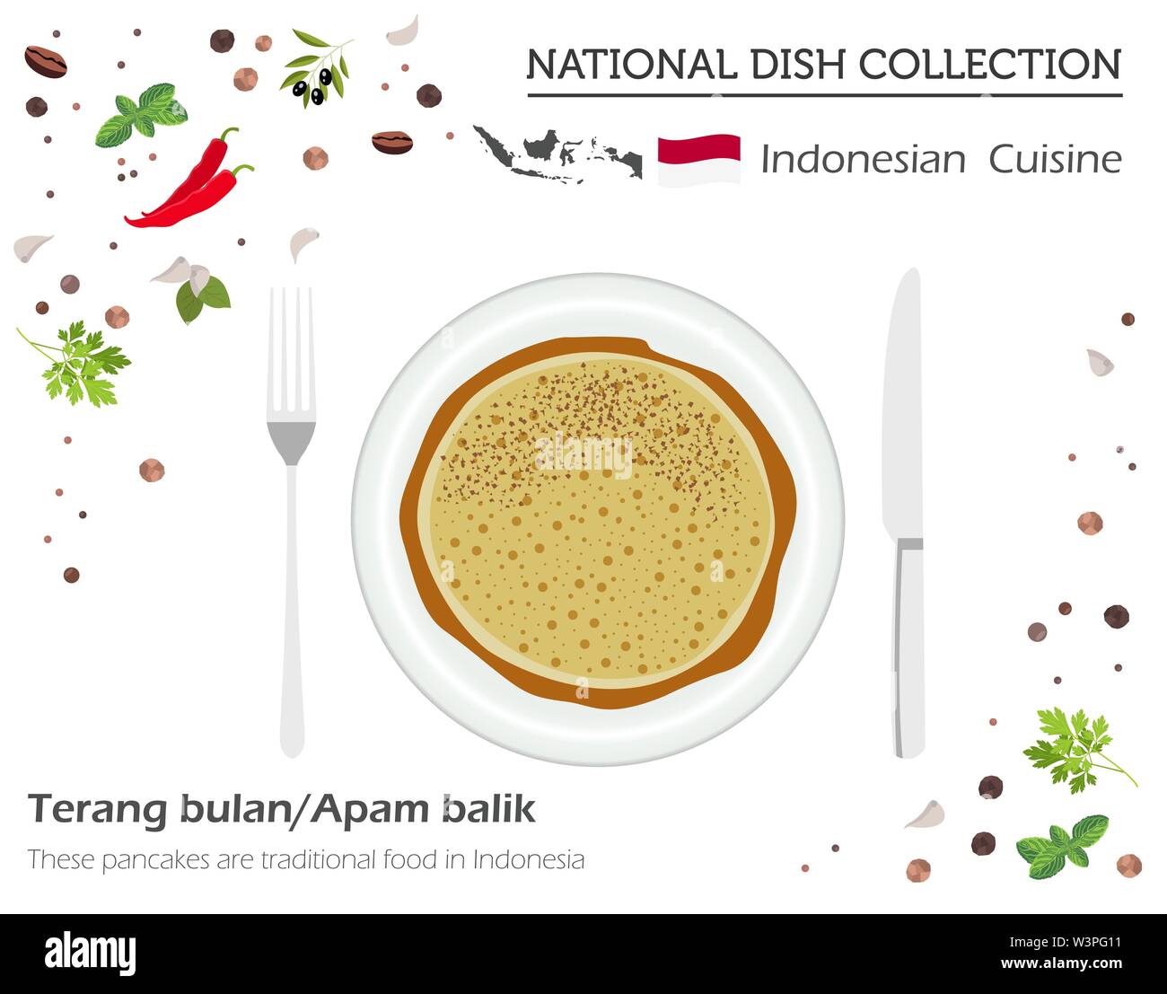 La cuisine indonésienne. Collection asiatique plat national. Chiffre d'indonésiens pancake isolé sur blanc, infograpic. Vector illustration Illustration de Vecteur