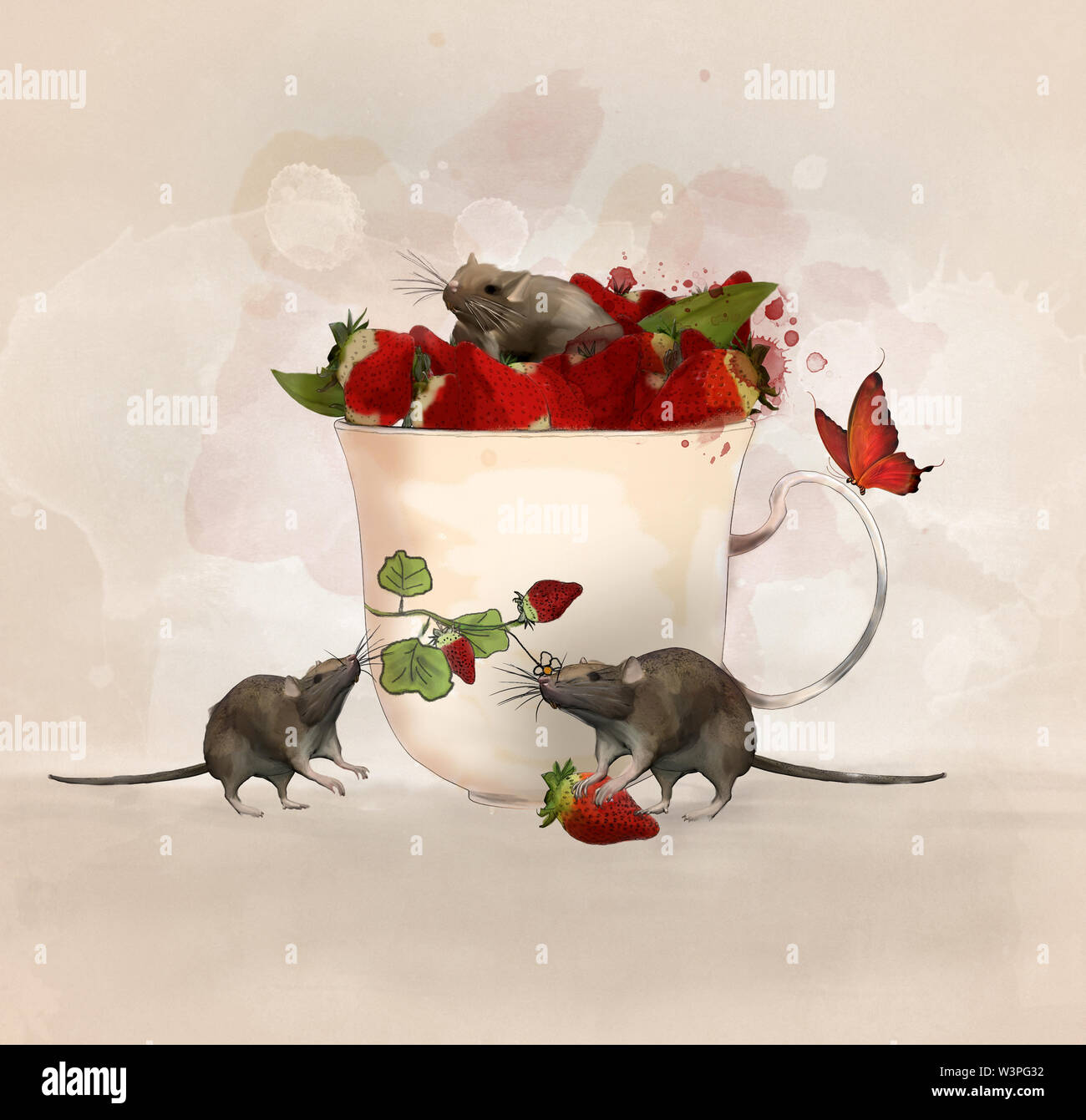 Illustration surréaliste avec une tasse de fraises et une jolie souris Banque D'Images