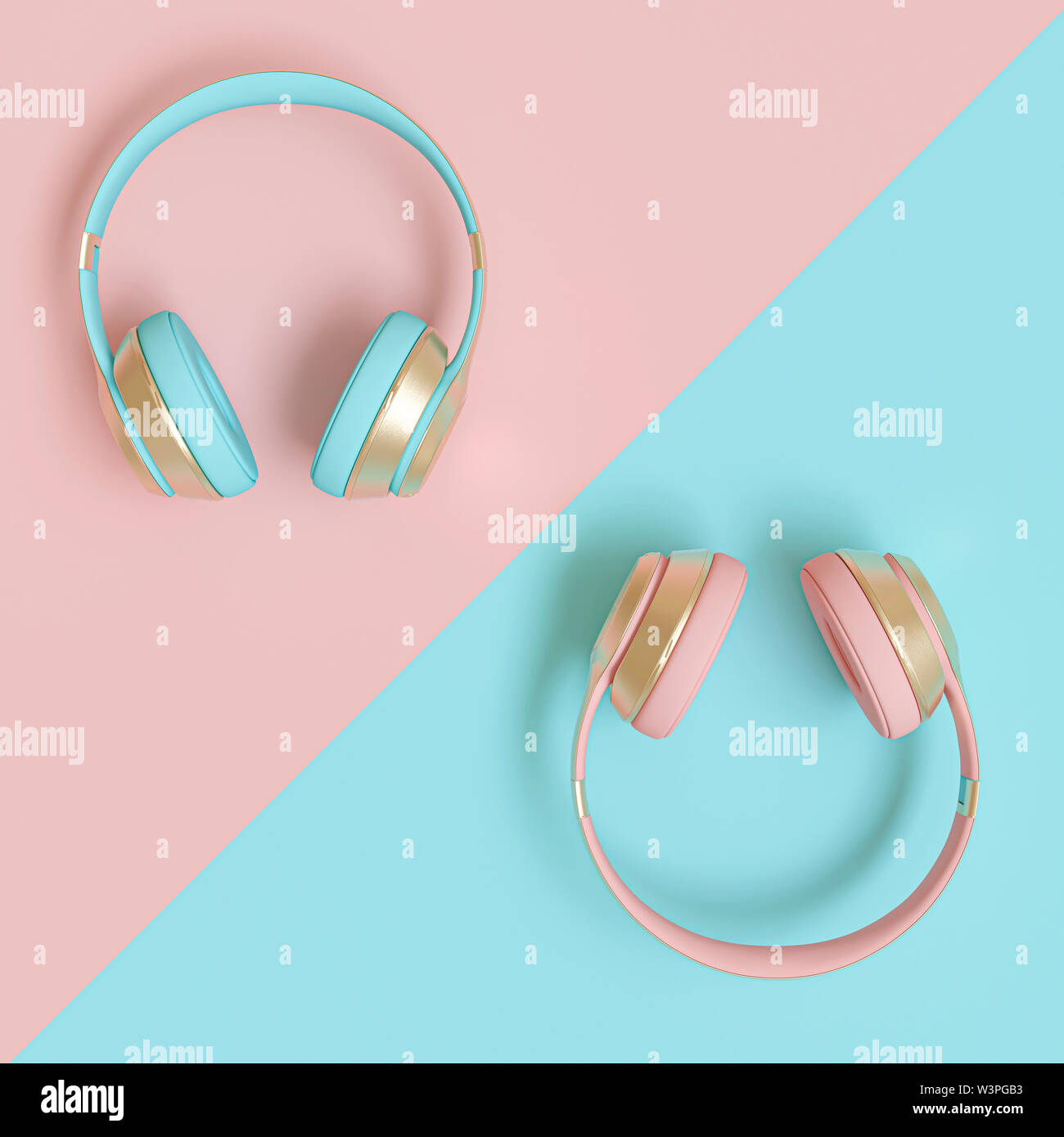 Casque audio modernes en or, rose et bleu sur une mise de fond bicolore. Image 3D render Banque D'Images