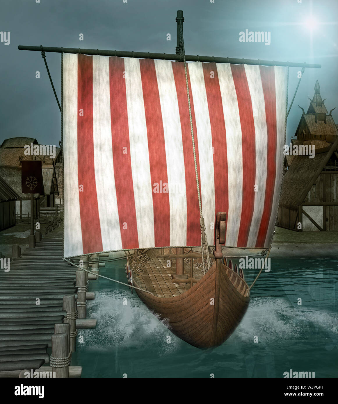 Fantasy viking ship prêt à quitter le village Banque D'Images