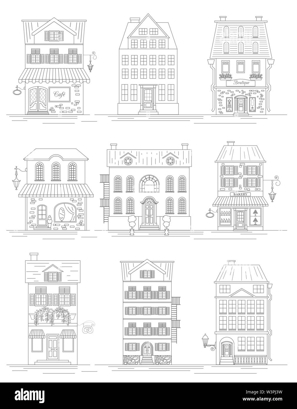 Grand plan de ville créateur. Version Contour. Constructeur de maison. Maison, cafe, restaurant, boutique, industriels, d'infrastructures, transports, village et pays Illustration de Vecteur