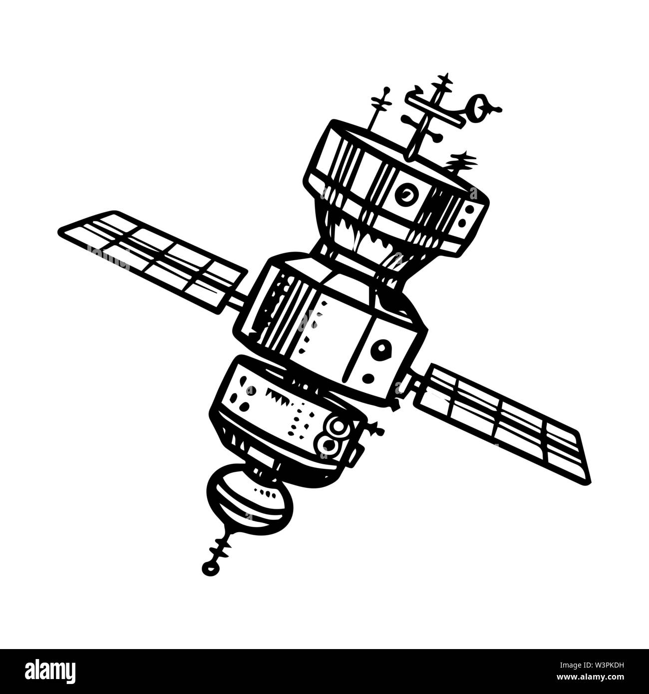 Vaisseau spatial astronaute pour voyager dans l'espace. Chaînes pour l'étude des planètes et des galaxies. Croquis d'astronomie pour emblème ou logo dans le style vintage Illustration de Vecteur