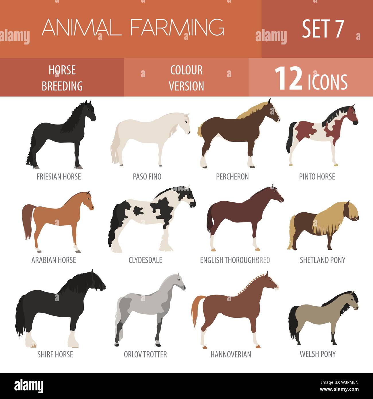 L'élevage des chevaux icon set. Des animaux de ferme. Modèle plat. Vector illustration Illustration de Vecteur