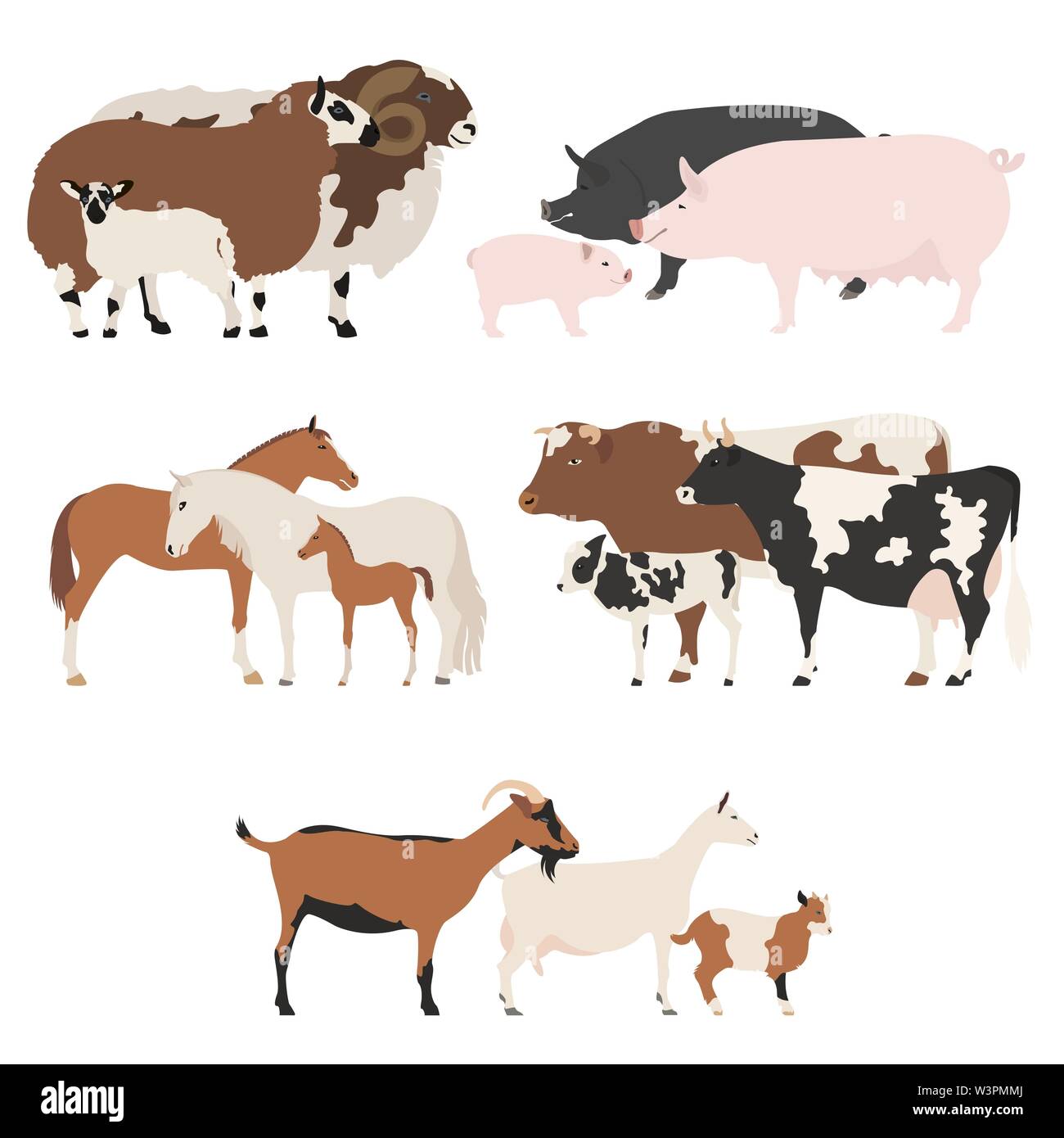 La collection de la famille animall agricoles. Bovins, ovins, porc, cheval, chèvre icon set. Modèle plat. Vector illustration Illustration de Vecteur