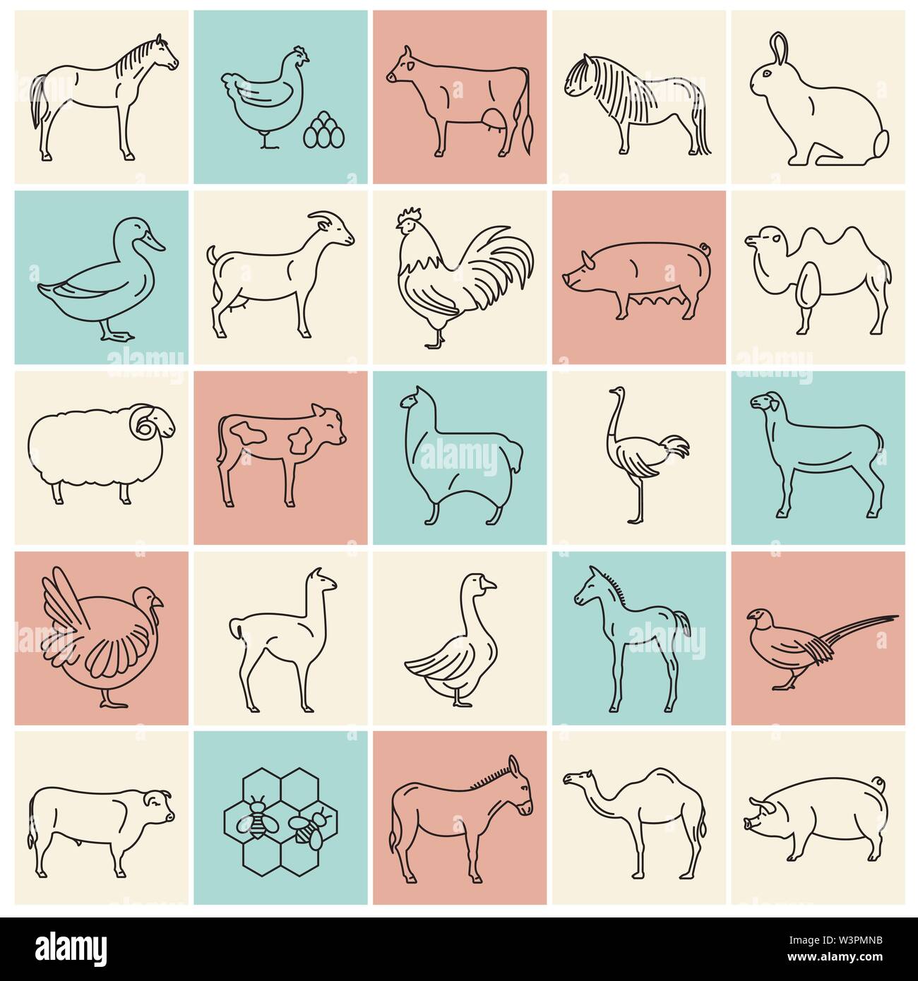 Animaux de ferme ligne fine collection. 25 icon set. Modèle plat. Vector illustration Illustration de Vecteur