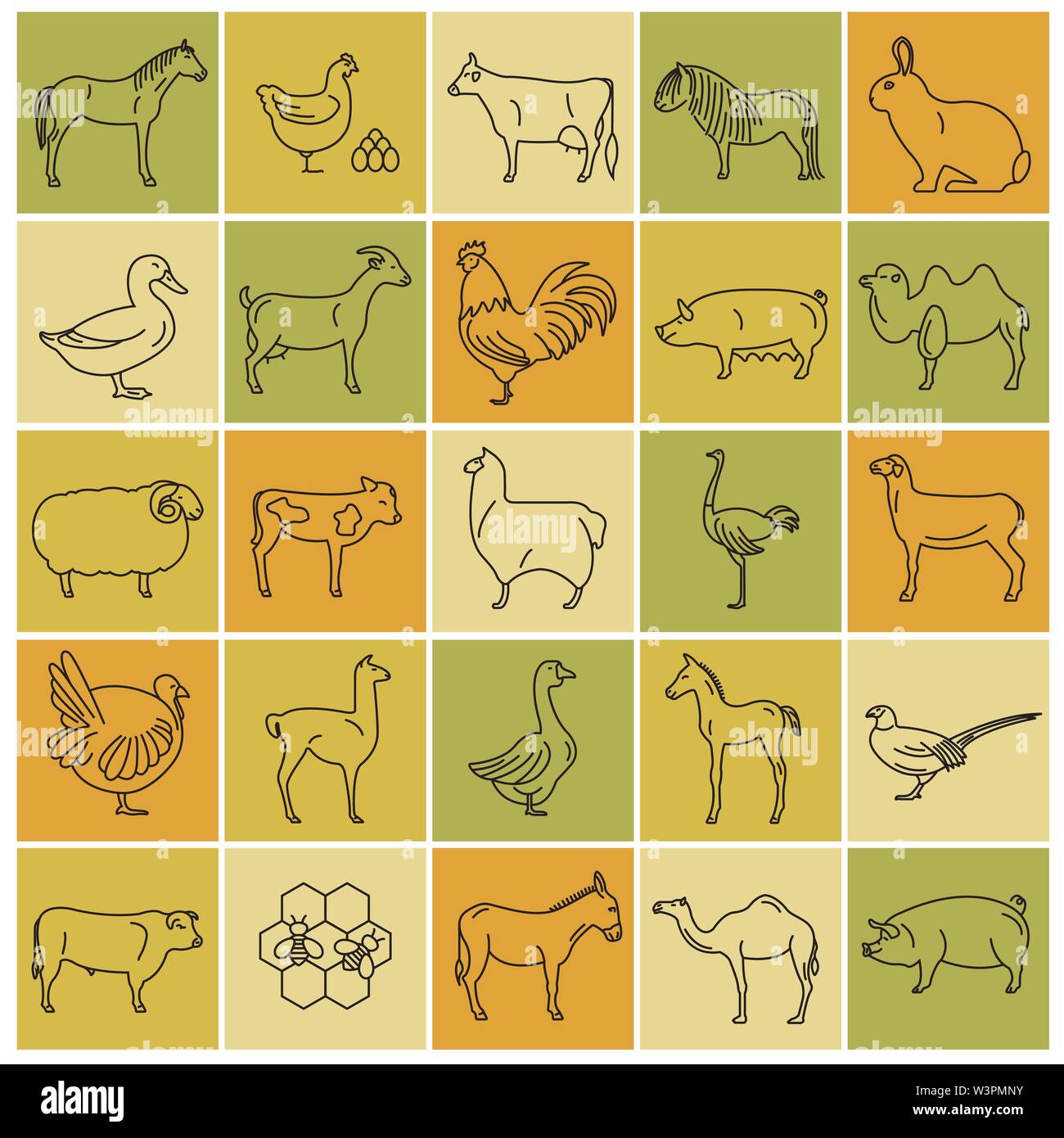 Animaux de ferme ligne fine collection. 25 icon set. Modèle plat. Vector illustration Illustration de Vecteur
