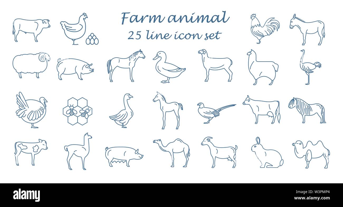 Animaux de ferme ligne fine collection. 25 icon set. Modèle plat. Vector illustration Illustration de Vecteur