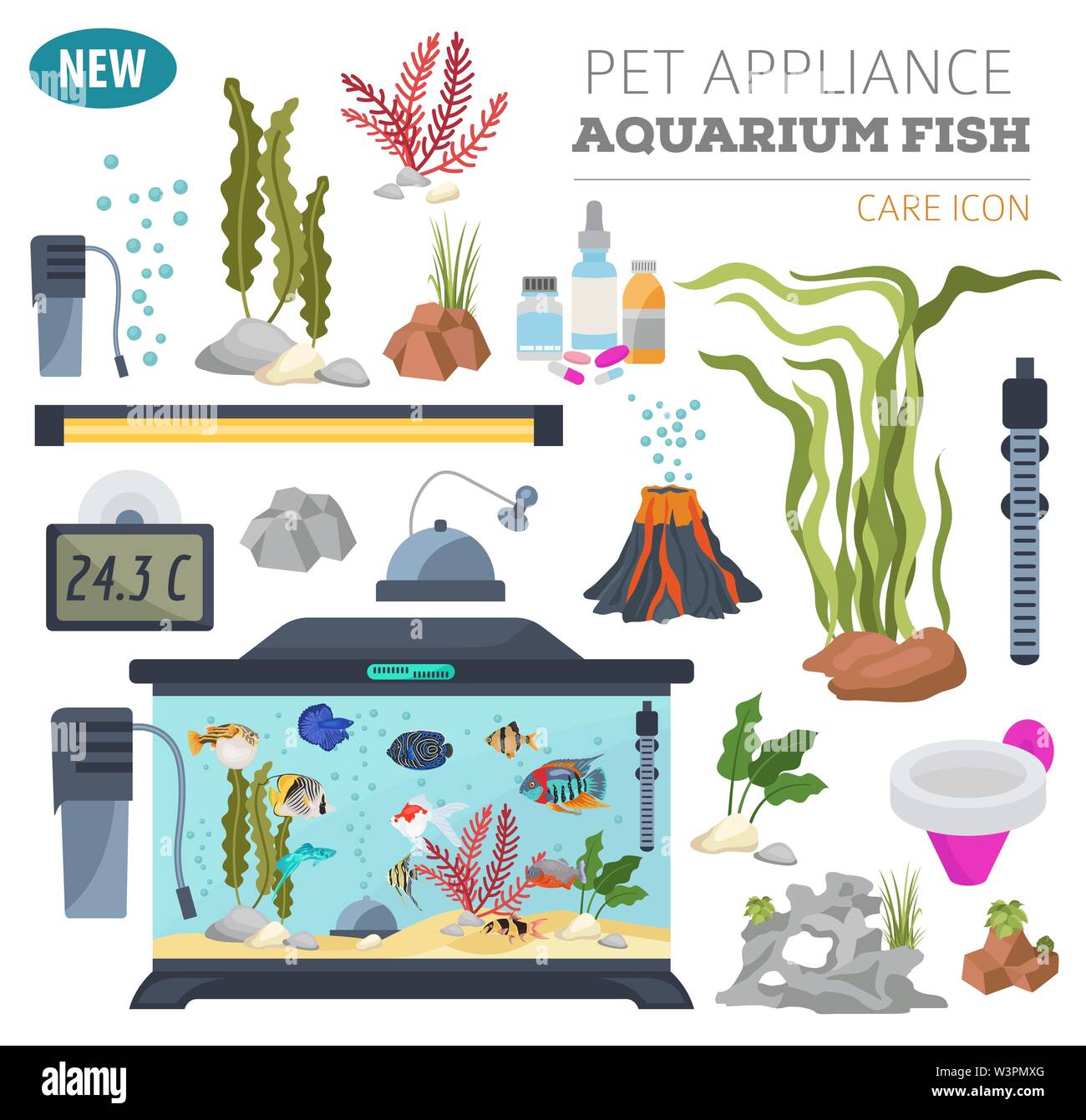 Appareil Aquarium icon set style plat isolé sur blanc. Collection de soins des poissons d'eau douce. Créer propre infographie sur l'animal. Vector illustration Illustration de Vecteur