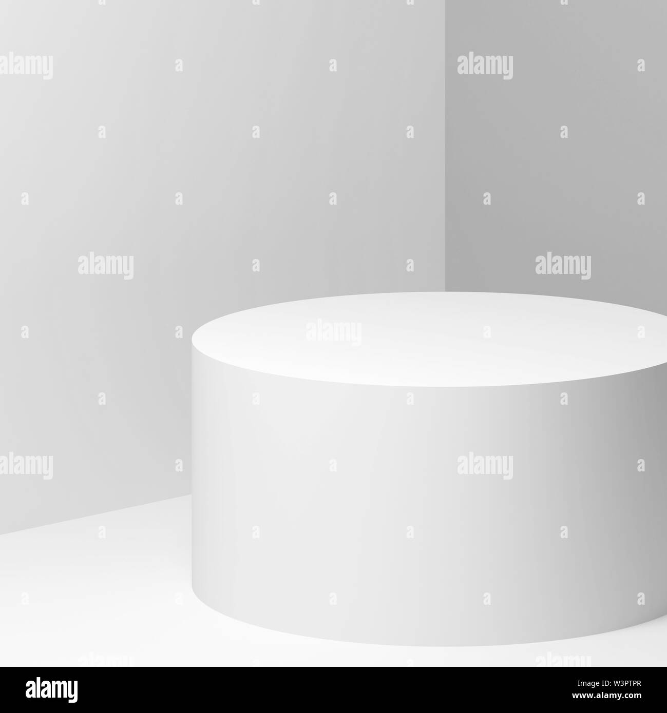 Podium cylindrique blanche sur fond de murs blancs, carrés de rendu 3d illustration Banque D'Images