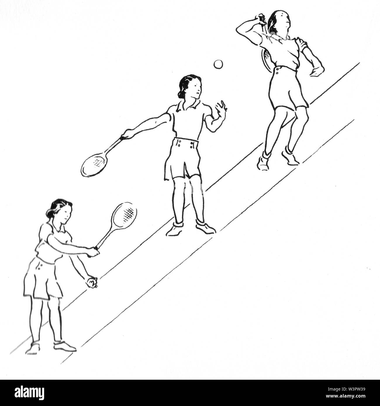 Servant d'illustrations de tennis sur gazon. Puis-je vous présenter ? Comment jouer au tennis livre de Evelyn Dewhurst avec croquis par Aubrey Weber. Publié dans Lo Banque D'Images
