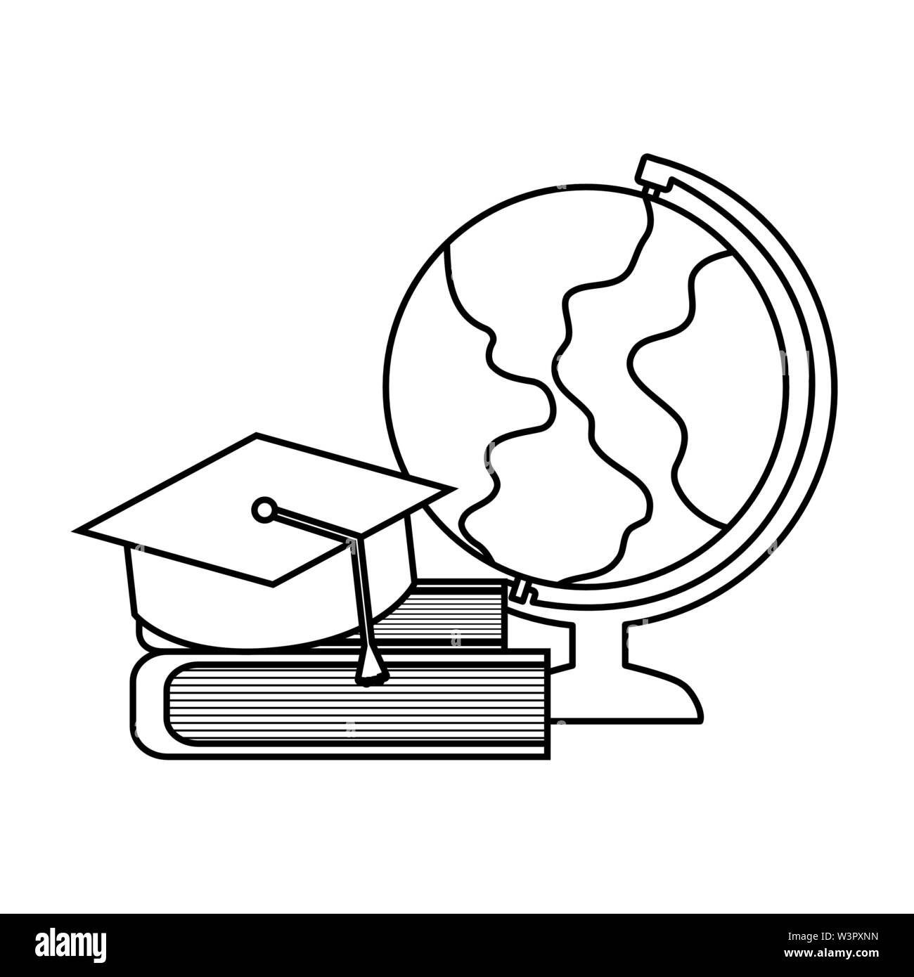 Pile de livres de bibliothèque avec globe terrestre et hat l'obtention du diplôme de design d'illustration vectorielle Illustration de Vecteur