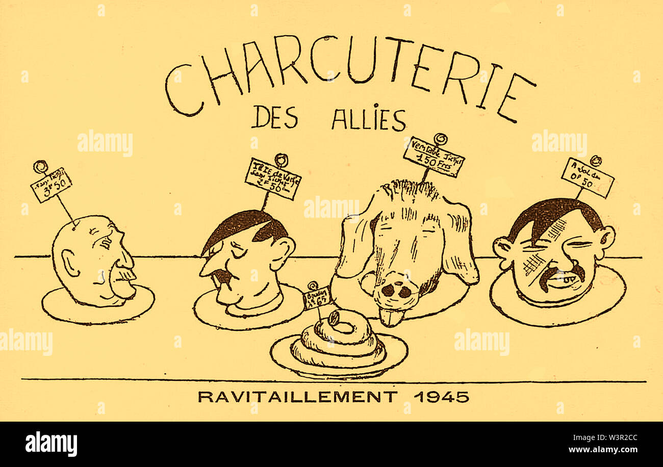 Un dessin animé français 1945 WWII /carte postale satirique montrant des dispositions pour les troupes sous la forme de la tête de tous les dirigeants de l'ennemi comme de la viande froide pour la consommation (Charcuterie) chacun sur une assiette. ('Rewenge est meilleur servi froid') Banque D'Images