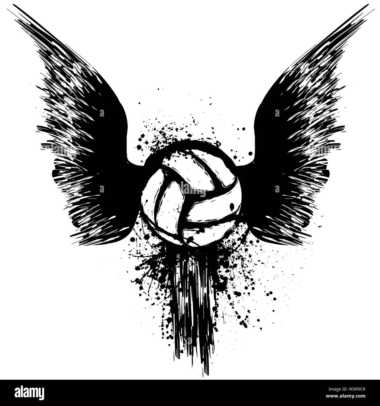 Grunge Black bird silhouettes ailes avec volley-ball isolé sur fond blanc Illustration de Vecteur