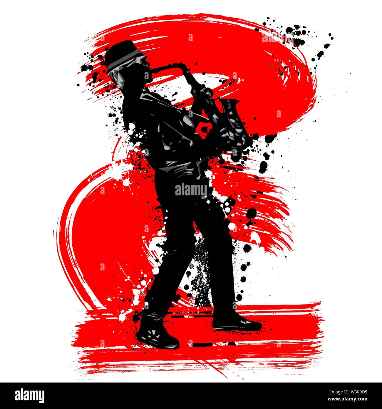 Grunge noir silhouette saxophoniste avec de l'encre blots Illustration de Vecteur