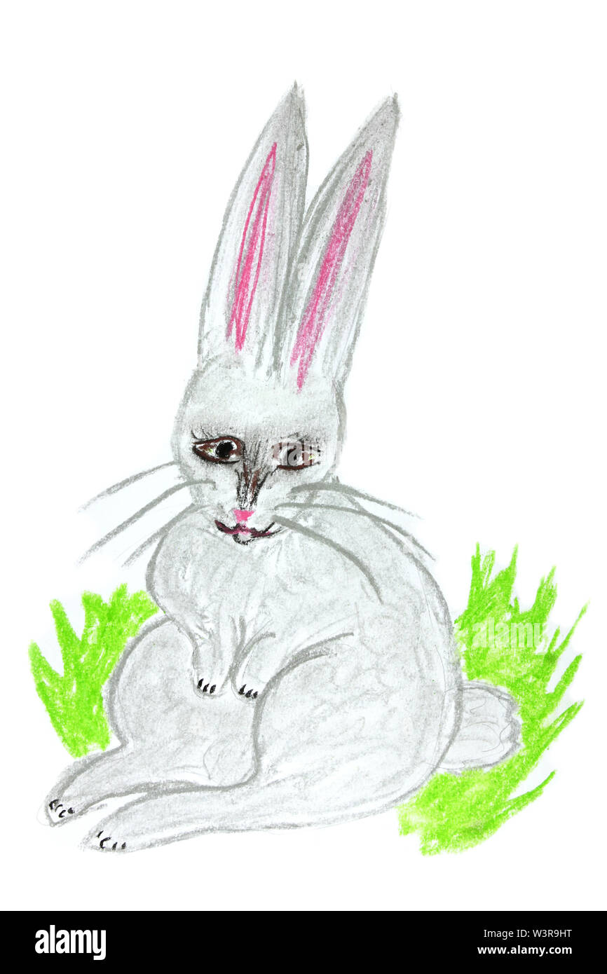 Easter funny bunny assis dans l'herbe verte. Dessin comme l'enfant Banque D'Images