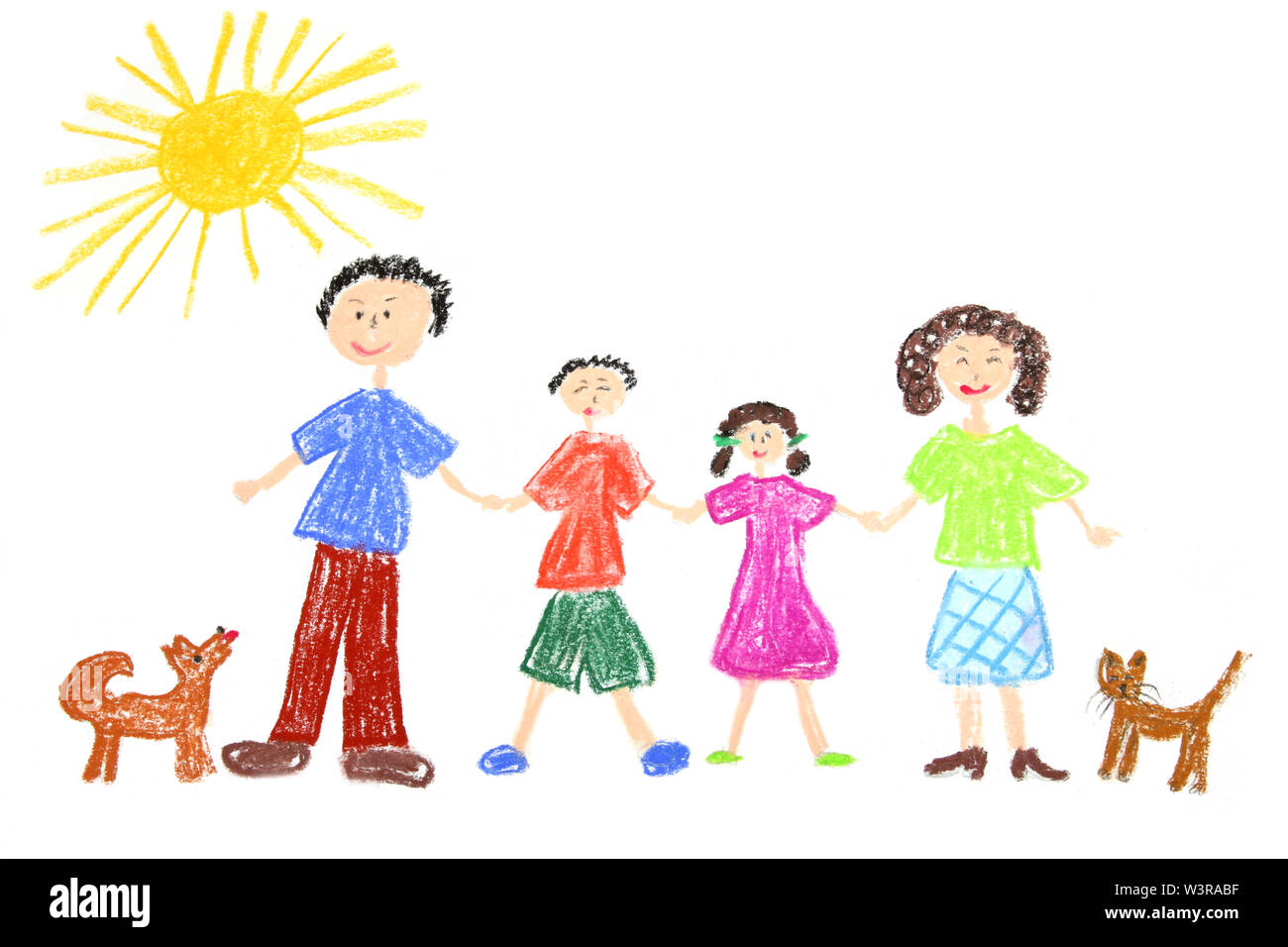Famille Heureuse Avec Chien Et Chat Dessin D Enfant Photo Stock Alamy