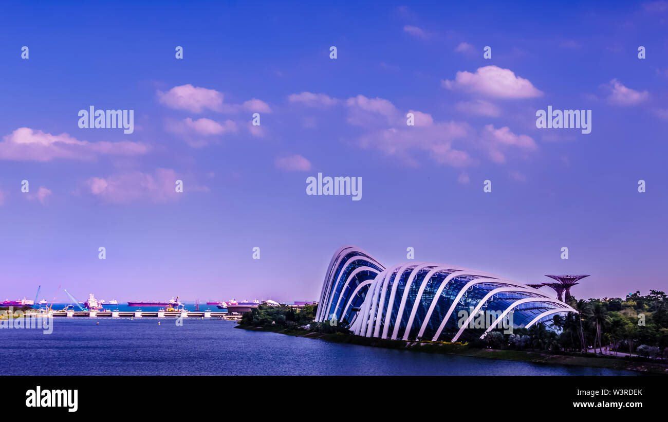 Singapour - Mars 15 , 2019 : Jardins de la baie à baie marine avec dôme de fleurs, forêt de nuages, Supertree Grove et Marina Barrage dans vue, Singapour. Banque D'Images