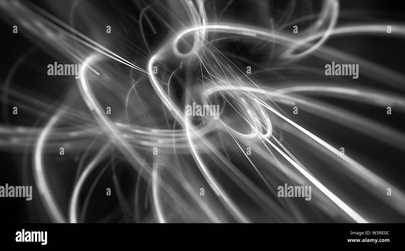 Courbes d'énergie rayonnante dans l'espace, noir et blanc résumé carte d'intensité, rendu 3D Banque D'Images