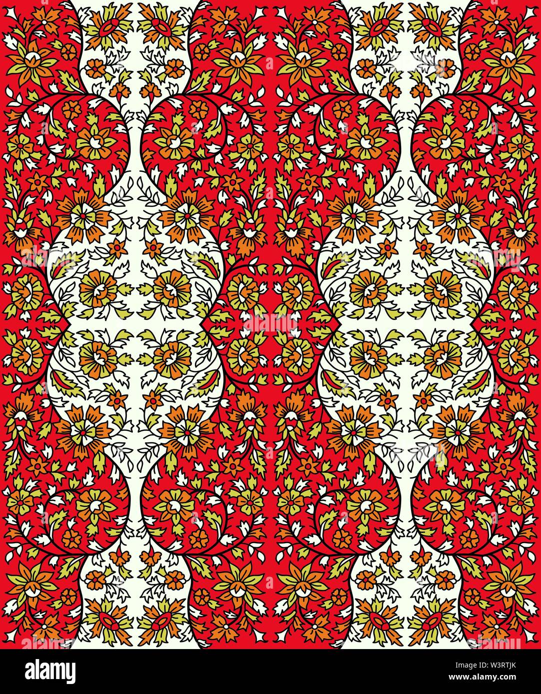 Imprimé sur bois motif ethnique florale. Ornement oriental traditionnel de l'Inde, motif fleur Garland, orange, rouge et vert sur des tons ecru ba Illustration de Vecteur