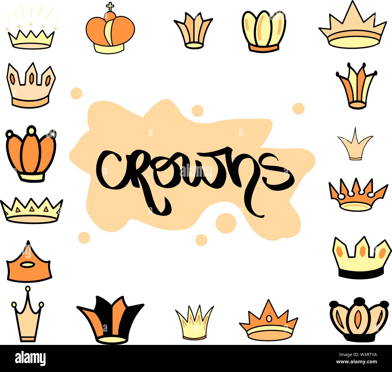 La couronne à la main orange jaune ensemble pour la princesse tiara différents. Isolé mignon vecteur illustration de diadem icône de mariage, logo, papier peint design. Illustration de Vecteur