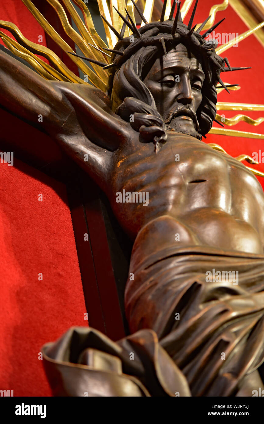 Détail de la statue de la Crucifixion de Jésus, l'église de St Joseph's, district de Podgórze, Cracovie, Pologne, Europe. Banque D'Images