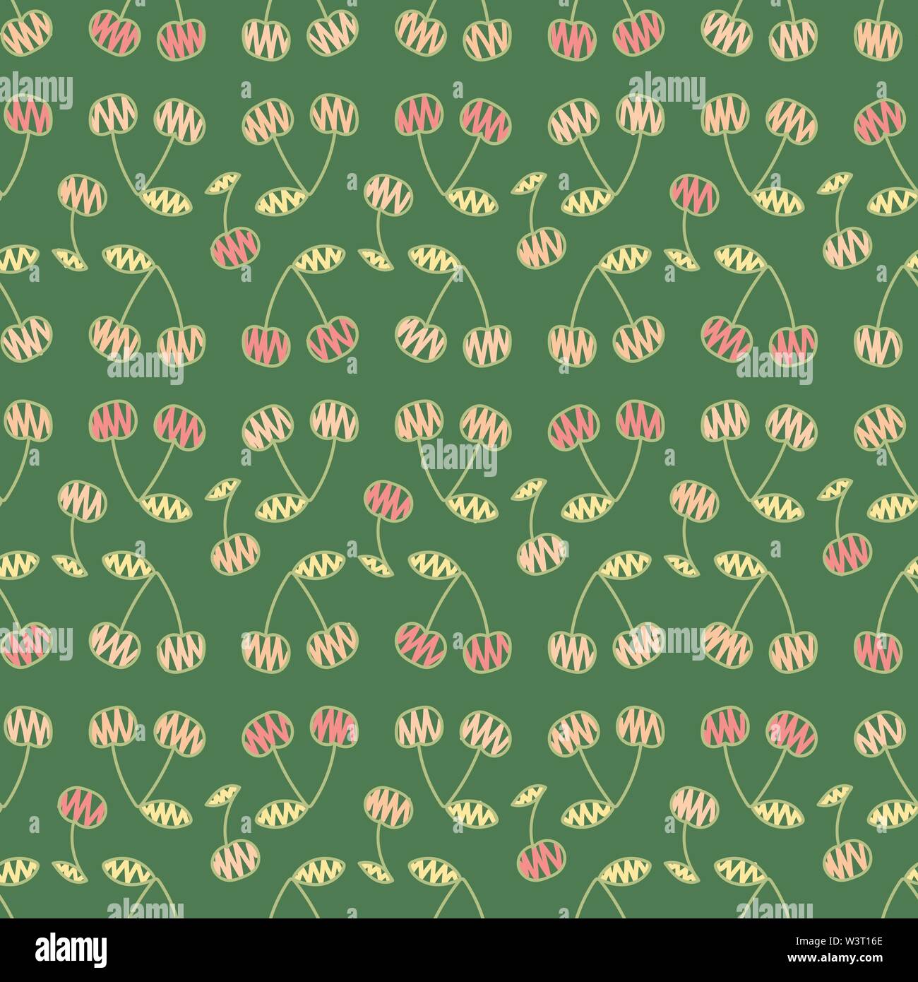 Doodle vecteur transparente avec motif cerises rose sur fond vert Illustration de Vecteur
