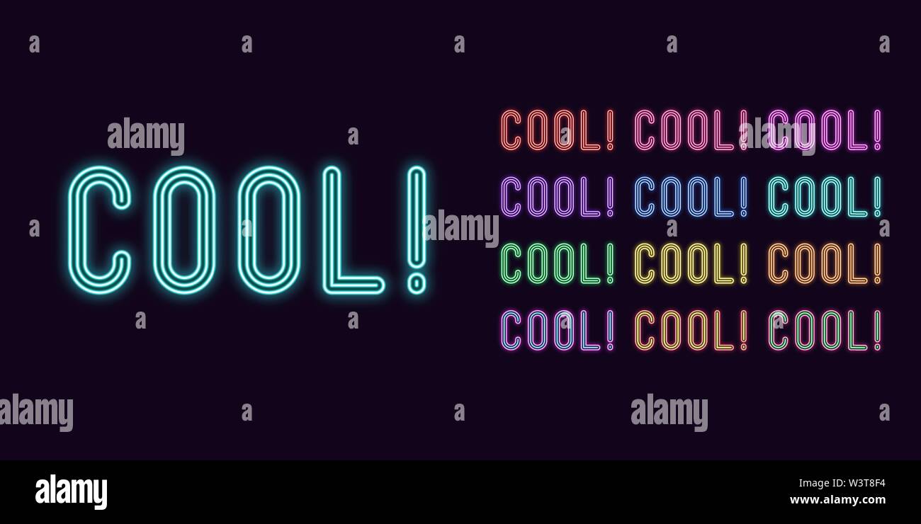 Texte néon Cool, titre expressif. Jeu de mot Cool rougeoyant dans un style rétro-éclairage au néon avec transparence. Kit de vecteur, rouge rose pourpre violet bleu azure gre Illustration de Vecteur
