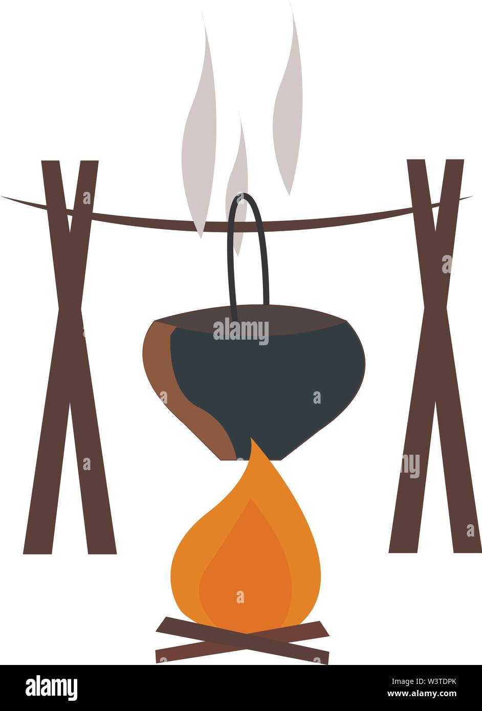 Un pot noir accrochée au-dessus d'un feu de bois, Scénario, dessin en couleur ou d'illustration. Illustration de Vecteur
