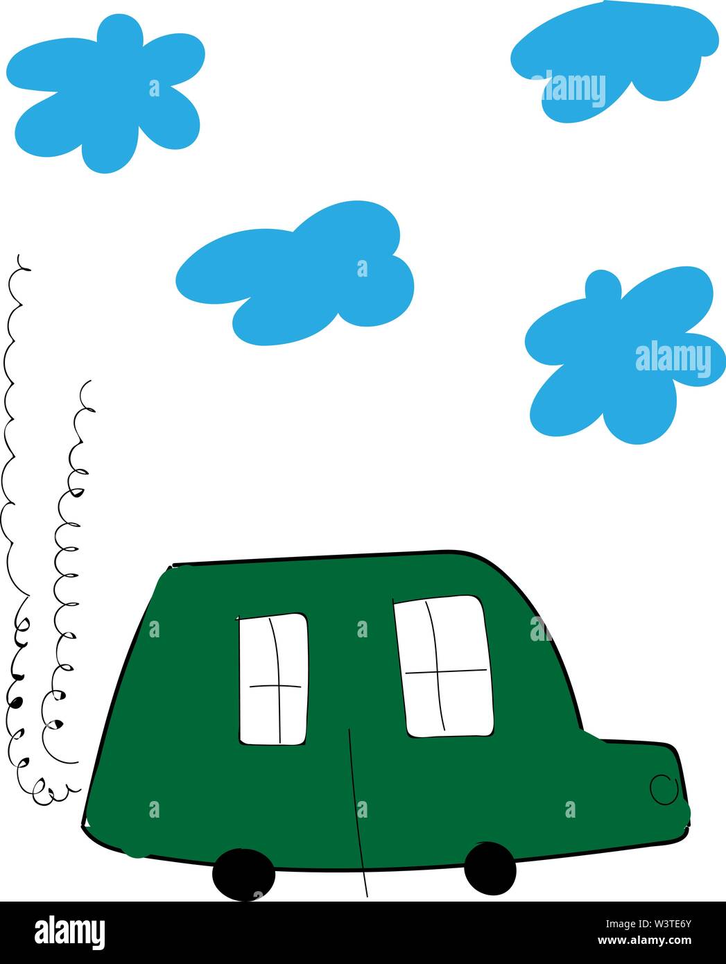 Une voiture verte fumée émettant un avec 4 nuages bleus au-dessus, le scénario, dessin en couleur ou d'illustration. Illustration de Vecteur