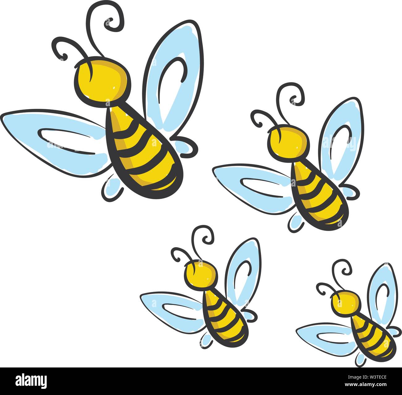 Un jaune 4 abeilles volant avec des ailes de couleur bleu clair, Scénario, dessin en couleur ou d'illustration. Illustration de Vecteur