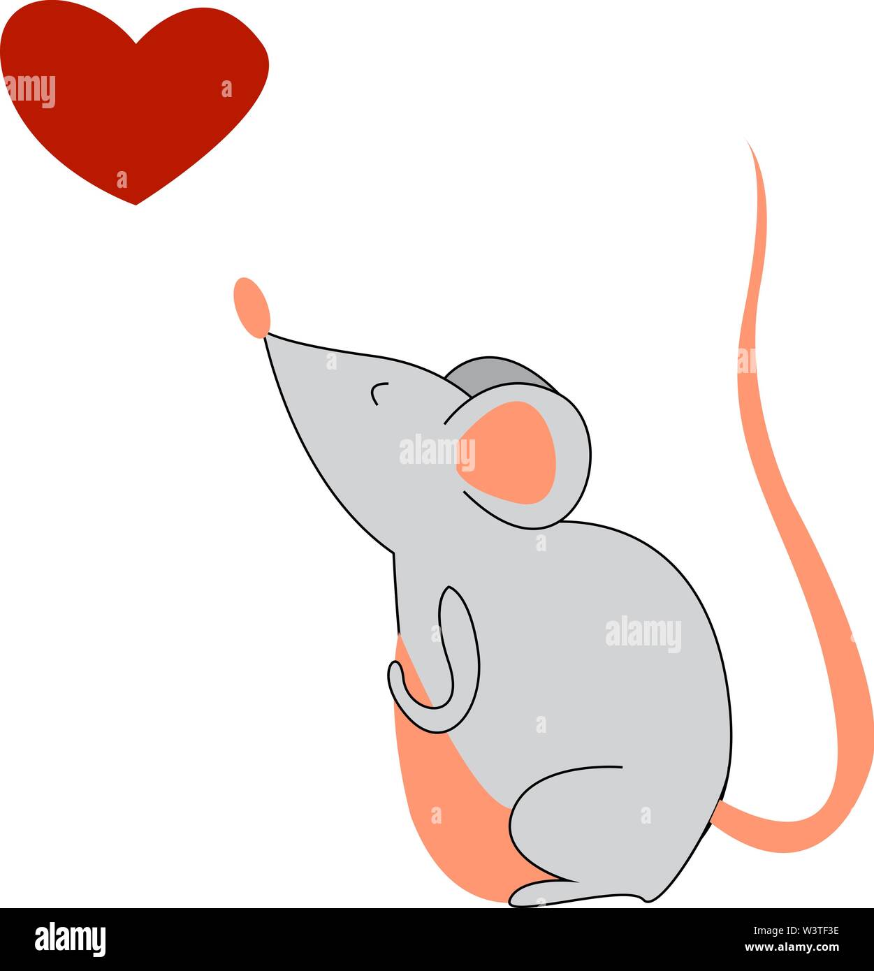 Une souris grise avec une queue marron et un gros cœur rouge, Scénario, dessin en couleur ou d'illustration. Illustration de Vecteur